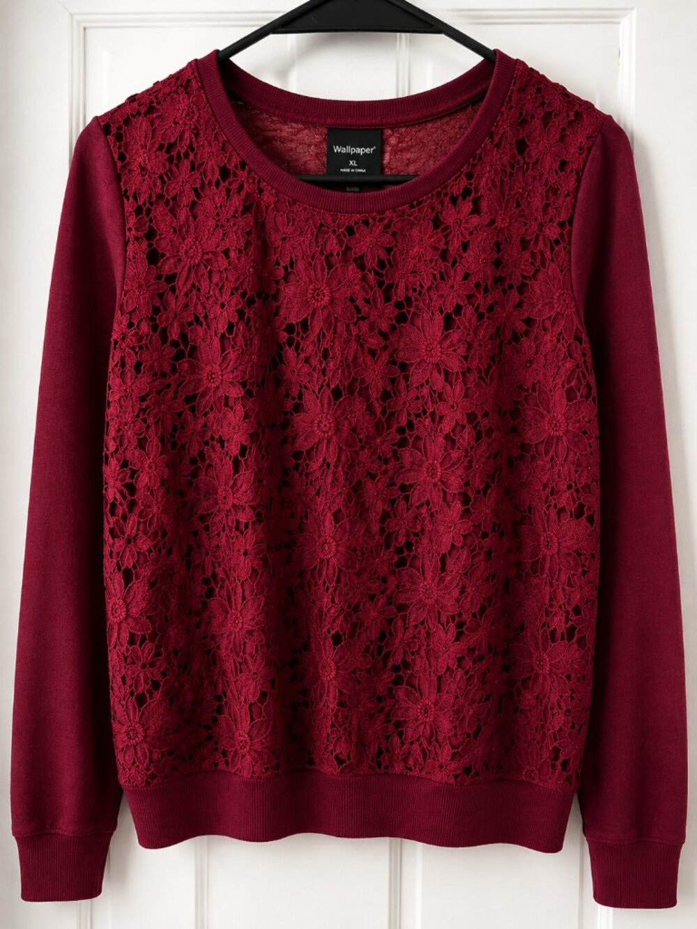 Wallpaper Burgundy Floral Lace Overlay Sweater Women’s XL Long Sleeve Top